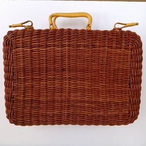 Vintage Woven Wicker Small Suitcase Purse Picnic Basket